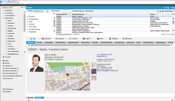 Software Infos & Software Tipps @ Software-Infos-24/7.de | Beispiel eines myfactory Kundenstammsatzes mit Anzeige in der GEO Daten implementiert sind